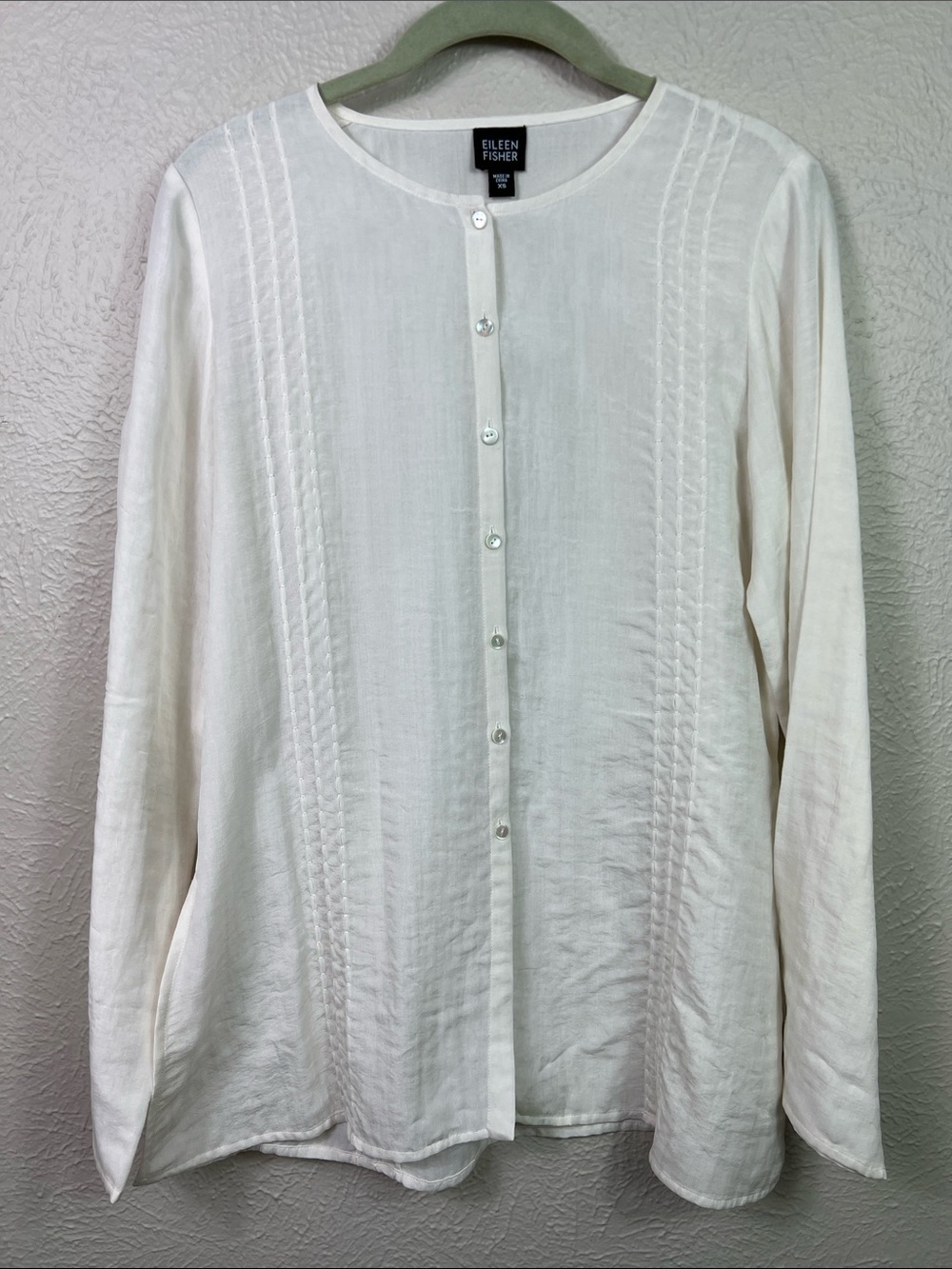 Eileen Fisher Silk Blend Long Sleeve Cream Button Front Semi Sheer Blouse XS